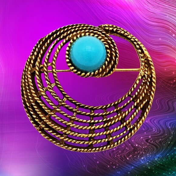 VTG Gold-Tone Filigree Circle Brooch w/ Faux Turquoise Cabochon Retro Statement - Picture 1 of 7